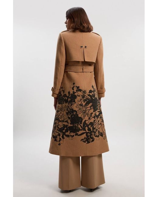 Karen Millen Brown Wool Placement Print Tailored Double Breasted Belted Midi Coat