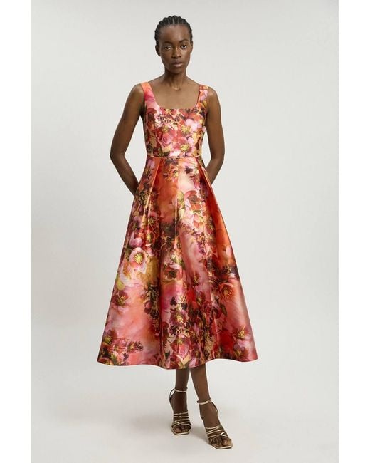 Karen Millen White Jacquard Twill Floral Print Corseted Woven Maxi Dress