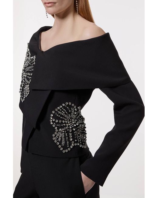 Karen Millen Black Placed Floral Crystal Embellished Tailored Asymmetric Jacket