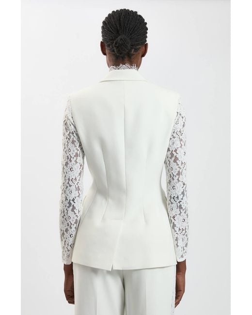 Karen Millen White Compact Stretch Lace Mix Tailored Single Breasted Blazer