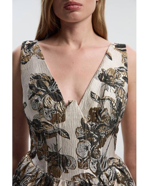 Karen Millen Blue Floral Jacquard Plunge Corset Pencil Midi Dress