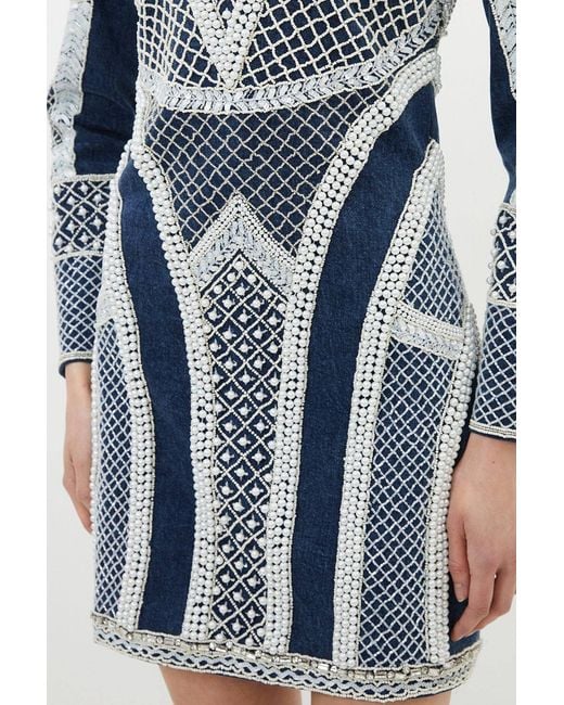 Karen Millen Blue Embellished Pearl Long Sleeve Mini Dress