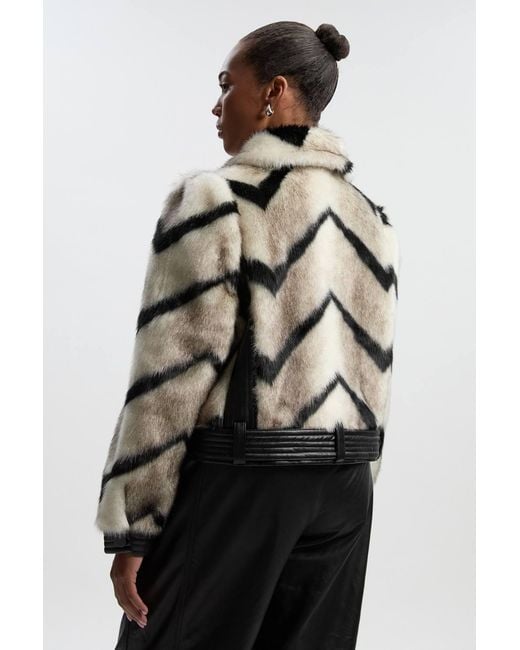Karen Millen Multicolor Plus Size Faux Fur Pu Panelled Stripe Belted Cropped Jacket
