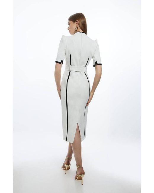 Karen Millen White Compact Stretch Contrast Tipped Forever Belted Tailored Midi Dress