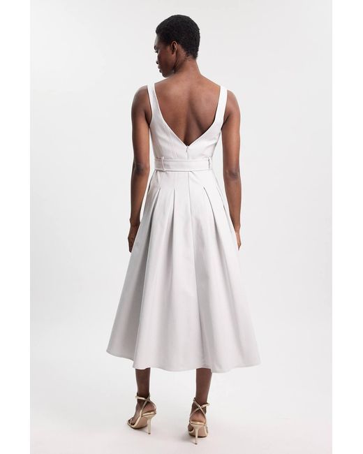 Karen Millen White Premium Cotton Tailored Fabric Belted Buckle Midi Dress