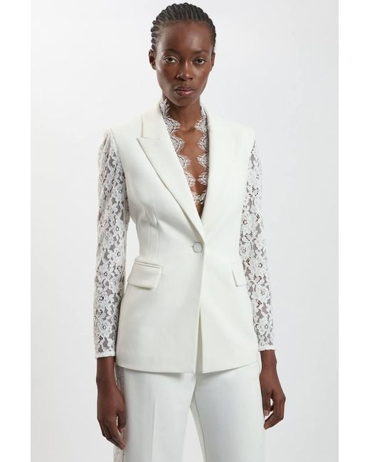 Karen Millen White Compact Stretch Lace Mix Tailored Single Breasted Blazer