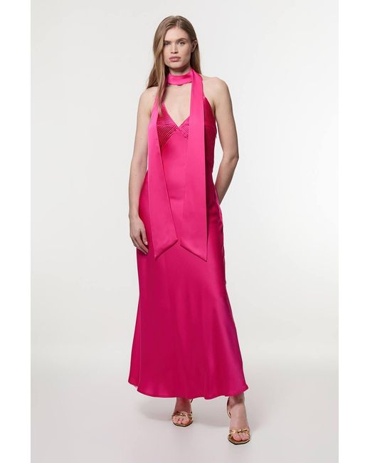 Karen Millen Pink Tall Halter Pleated Woven Maxi Dress