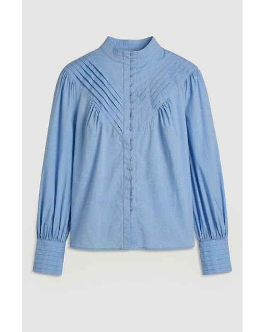 Karen Millen Blue Plus Size Cotton Pleated High Neck Balloon Sleeve Woven Blouse