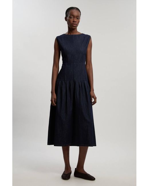 Karen Millen Blue Petite Denim Dropped Waist Full Skirted Midi Dress