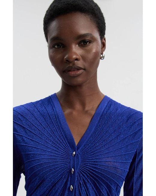 Karen Millen Blue Sparkle Metallic Knitted Fitted Cardigan Sweater
