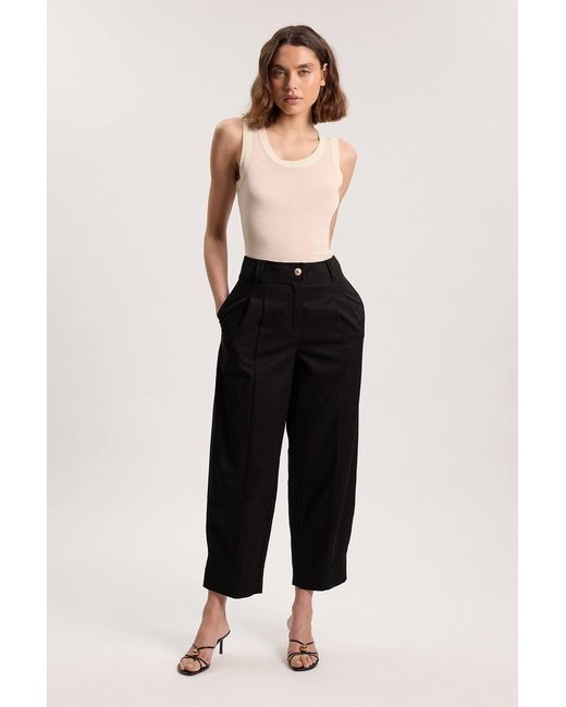 Karen Millen Black Cotton Utility Button Detail Barrel Leg Trouser