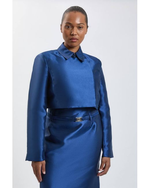 Karen Millen Blue Plus Size Forever Satin Twill Cropped Wrap Tailored Jacket