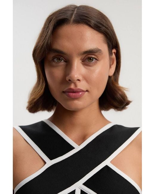 Karen Millen Black Bandage Knit Contrast Cross Front Dress