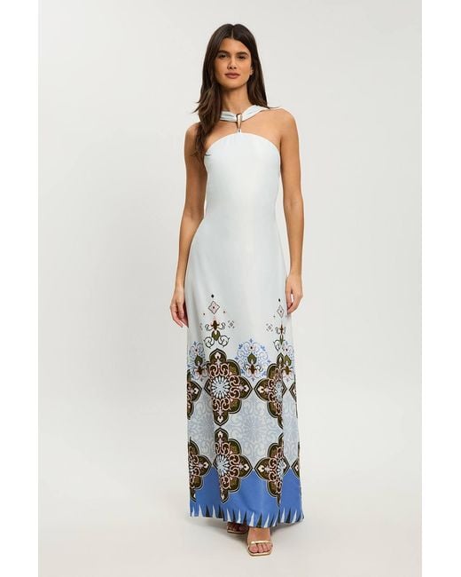 Karen Millen White Petite Tile Print Satin Viscose Halterneck Maxi Dress