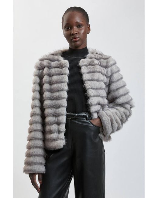 Karen Millen Gray Faux Fur Panelled Long Sleeve Jacket