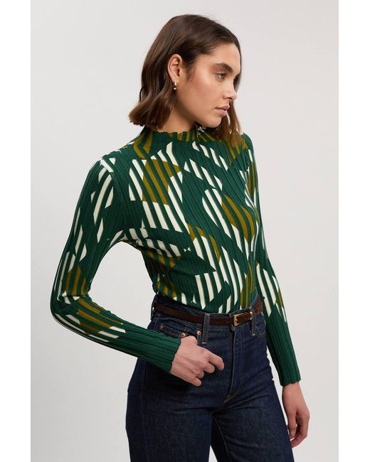 Karen Millen Green Geo Jacquard Knit Long Sleeve Top