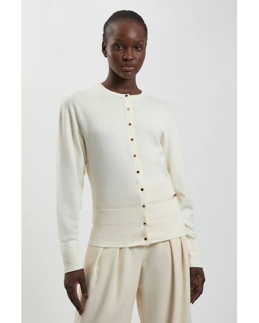 Karen Millen Natural Forever Viscose Blend Knitted Stitch Detail Balloon Sleeve Cardigan Sweater