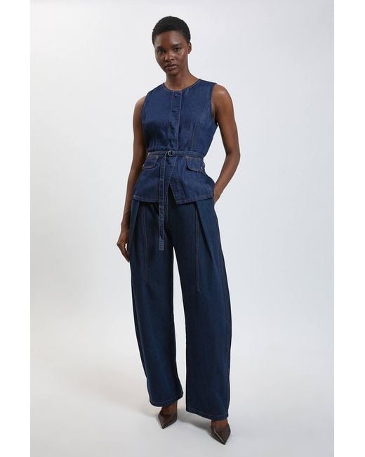 Karen Millen Blue Utility Denim Pleated Sleeveless Top