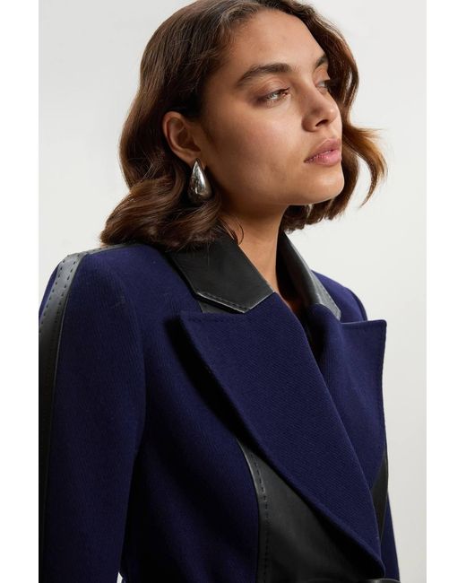 Karen Millen Blue Wool Pu Mix Belted Midi Coat