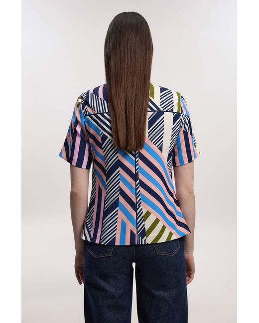 Karen Millen Blue Geo Print Twill Cap Sleeve Woven Top