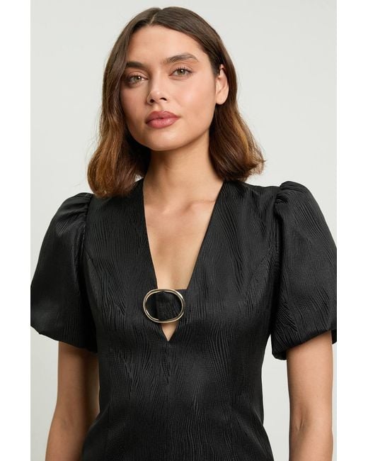 Karen Millen Black Tailored Puff Sleeve Trim V Neck Detail Mini Dress
