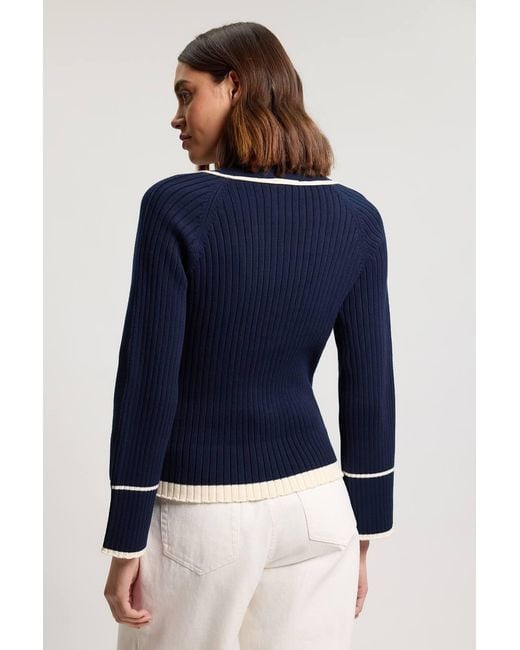 Karen Millen Blue Knit Cotton Contrast Tipped Cardigan Sweater
