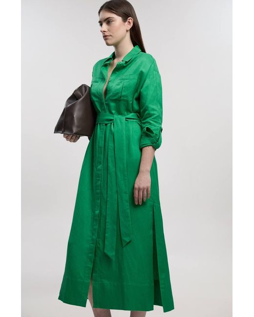 Karen Millen Green Viscose Linen Woven Belted Shirt Dress