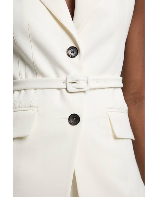 Karen Millen White Petite Tailored Structured Crepe Belted Sleeveless Blazer