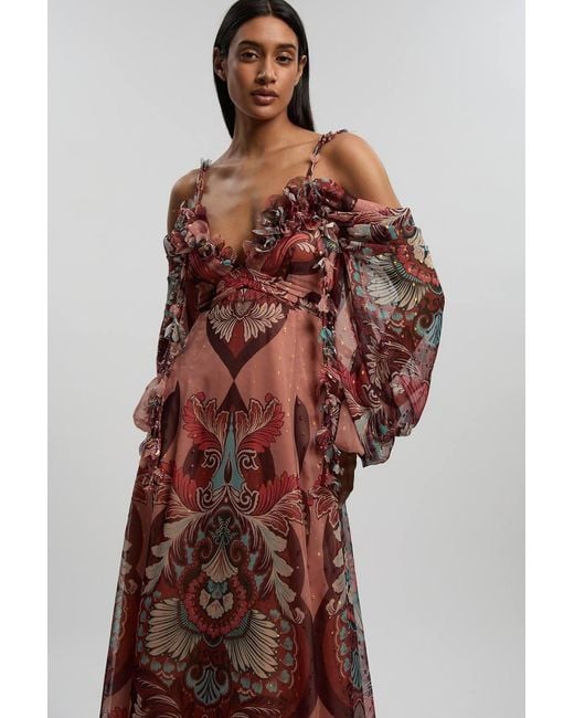 Karen Millen Red Petite Metallic Thread Printed Cold Shoulder Woven Maxi Dress