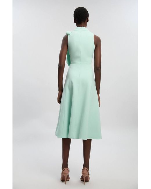 Karen Millen Green Compact Stretch Bow Tie Neck Full Skirted Midi Dress