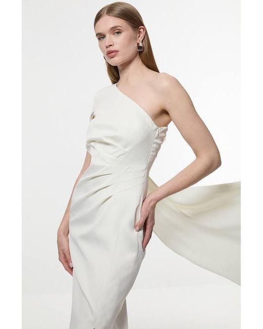 Karen Millen White Petite Satin Drape One Shoulder Tailored Maxi Dress
