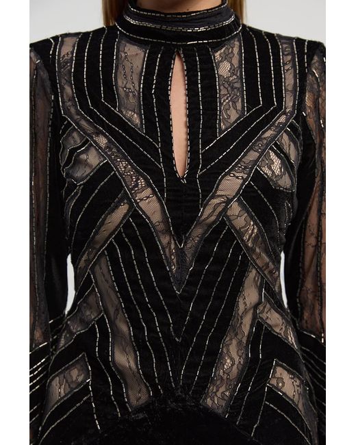 Karen Millen Black Velvet Embellished Long Sleeve Maxi Dress