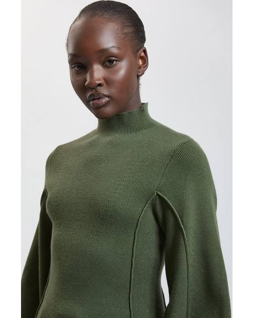 Karen Millen Green Knit Wool Look Rounded Sleeve High Neck Jumper