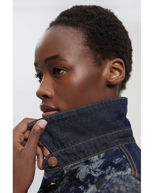 Karen Millen Blue Jacquard Denim Contrast Collar And Cuff Shirt