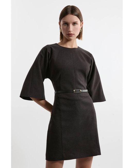 Karen Millen Black Flannel Tailored Belted Dress