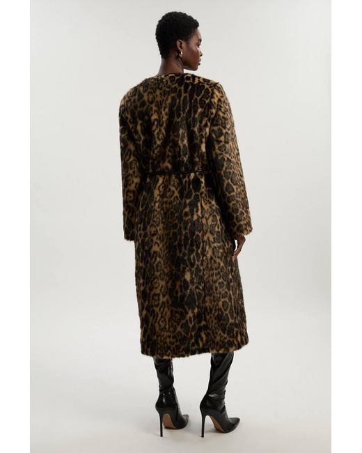 Karen Millen Multicolor Faux Fur Leopard Collarless Tie Belted Midi Coat