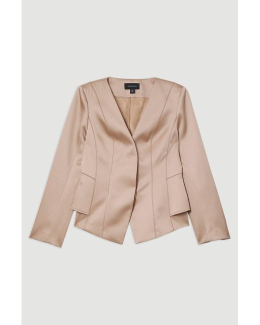 Karen Millen Natural Structured Viscose Satin Stitch Detail Tailored Peplum Blazer