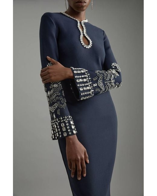 Karen Millen Gray Figure Form Bandage Knit Embellished Wide Sleeve Maxi Dress