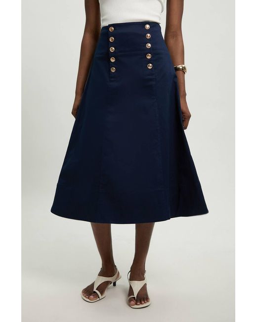 Karen Millen Blue Cotton Tailored Button Detail Midi Skirt