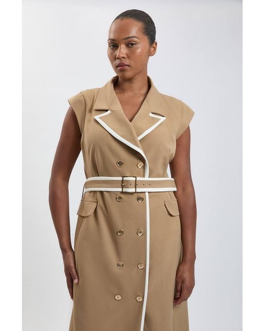 Karen Millen Natural Plus Size Double Breasted Belted Tipped Tailored Midi Dress
