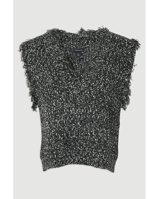 Karen Millen Gray Tweed Yarn Fringe Trim Knitted Tank Top