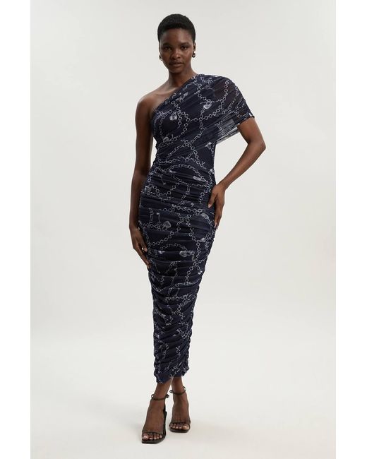Karen Millen Blue Chain Print Mesh One Shoulder Midi Dress