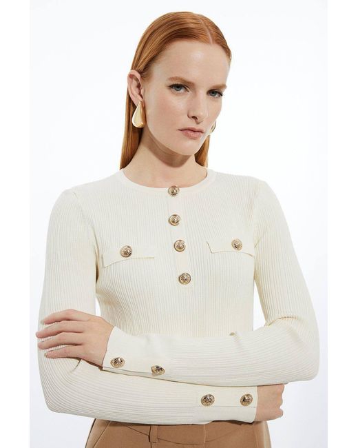 Karen Millen Natural Forever Military Trim Rib Long Sleeve Knit Top