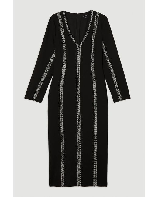 Karen Millen Black Compact Stretch Jacquard Insert Split Front Midaxi Dress