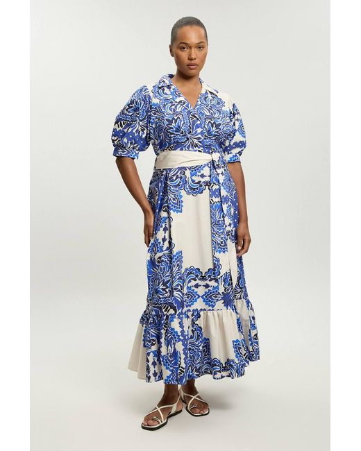 Karen Millen Blue Plus Size Tile Print Cotton Poplin Midi Dress