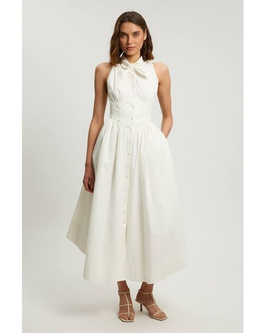 Karen Millen White Petite Cotton Poplin Tie Neck Midi Dress