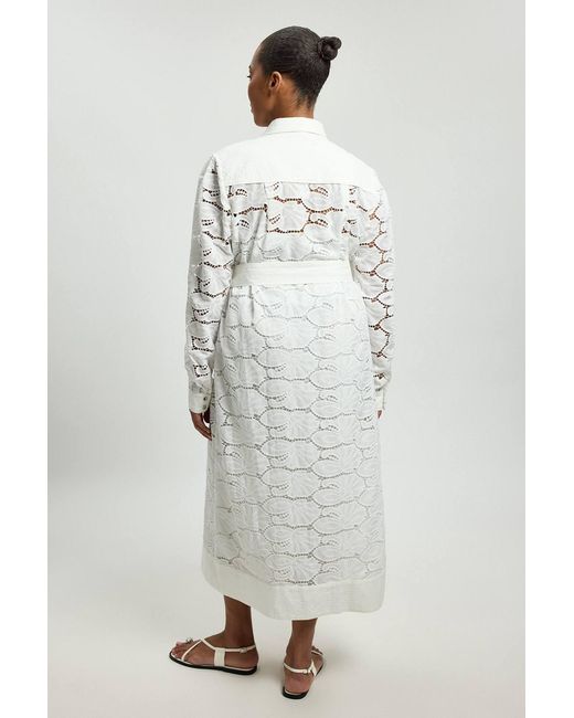 Karen Millen White Plus Size Cutwork Cotton Collared Woven Shirt Dress