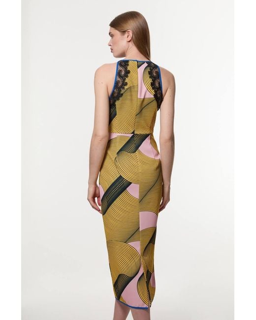 Karen Millen Metallic Amelia Graham Printed Cady Lace Detail Woven Midi Dress