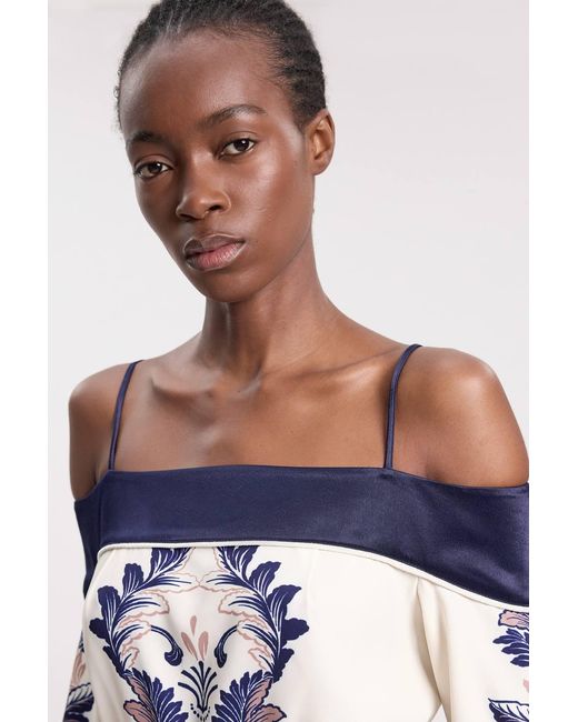 Karen Millen Blue Scarf Print Belted Woven Bardot Top