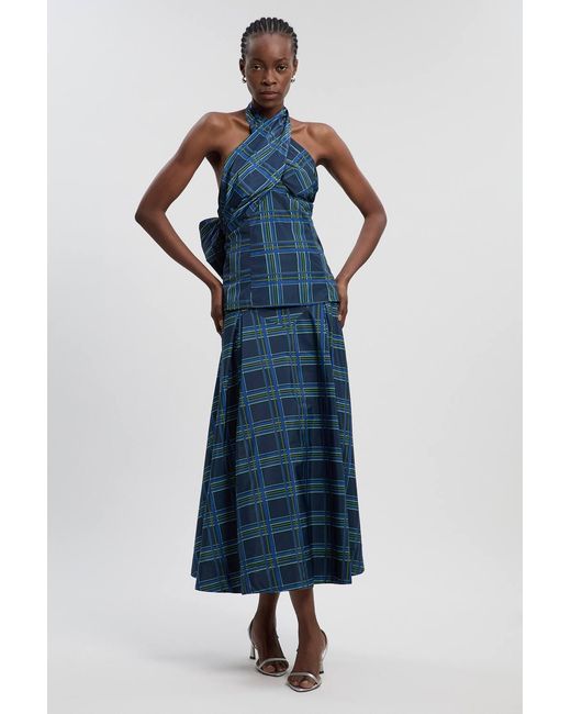 Karen Millen Blue Check Print Taffeta Woven Maxi Skirt
